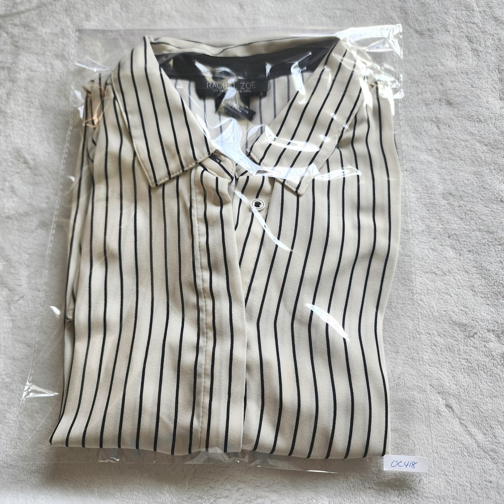 Rachel Zoe White Striped Button Down Top Long Sleeve L Office Preppy Luxury Chic - Picture 7 of 7